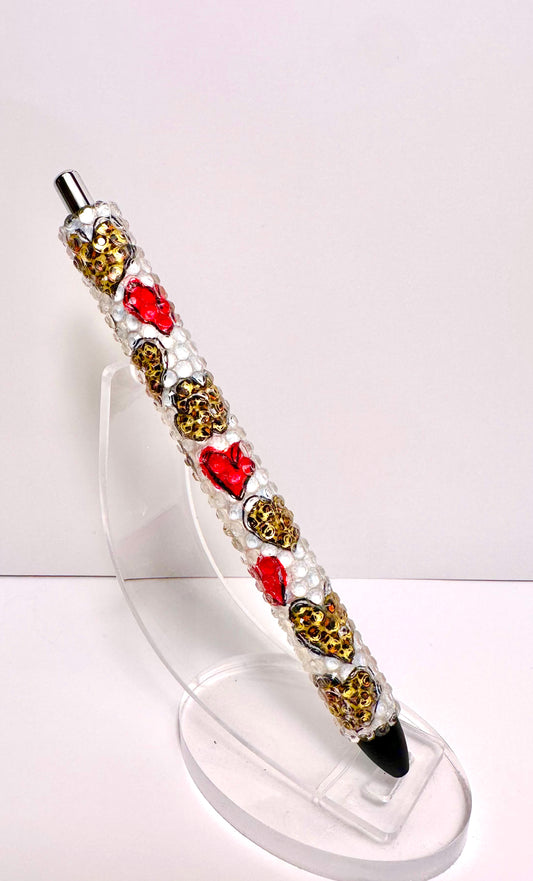 Valentines Day Hearts and Leopard Hearts Rhinestone Pen